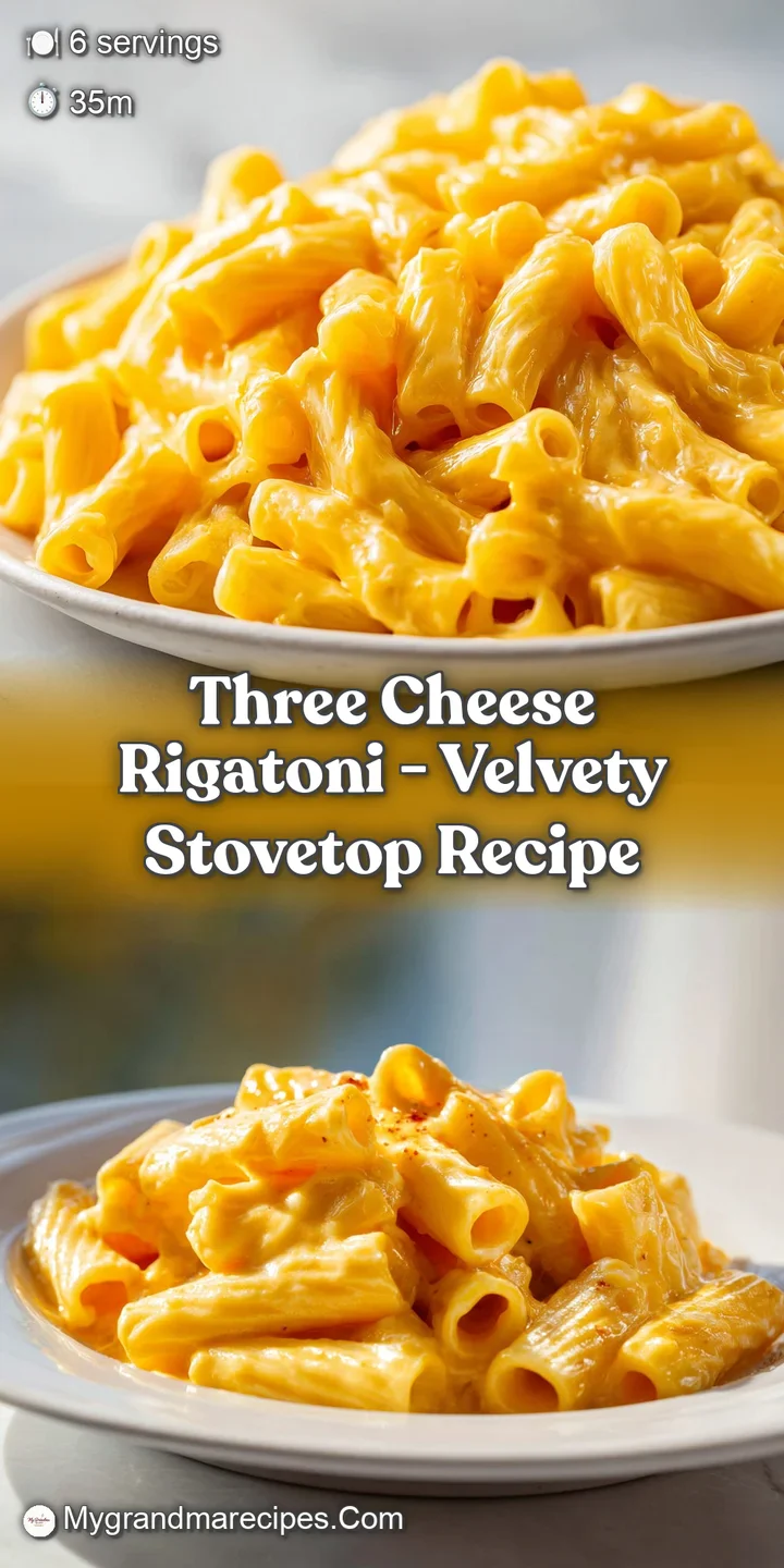 Close-up of rigatoni pasta in a rich, melted cheese sauce with visible strands of mozzarella and browned, bubbly bits on top.