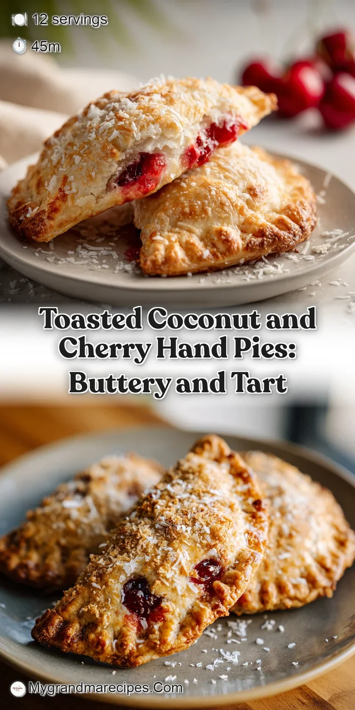 Close-up of a warm hand pie, revealing a juicy, ruby-red cherry filling with a golden-brown, coconut-flecked crust. Sweet ...