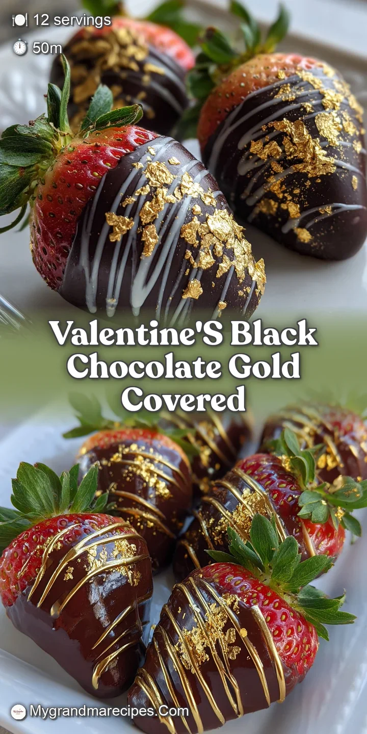 Close-up of a decadent dark chocolate strawberry, its smooth, rich coating dusted with shimmering gold, hinting at a sweet...