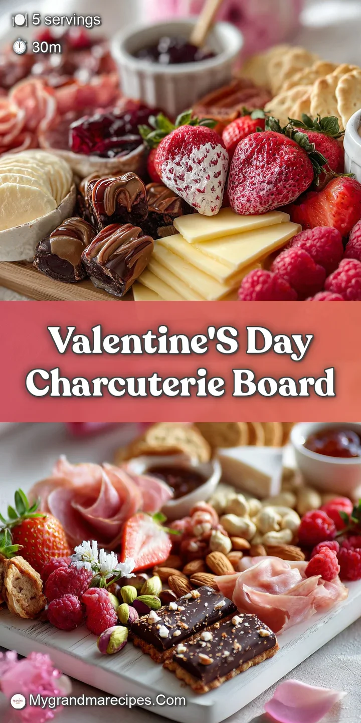 Close-up of a creamy brie wedge drizzled with golden honey next to vibrant strawberries on a Valentine's Day themed snack ...