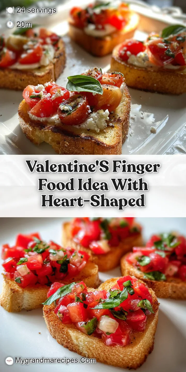 Close-up of heart-shaped bruschetta; crusty toasted bread, juicy diced tomatoes, melted mozzarella, & fresh basil, invitin...