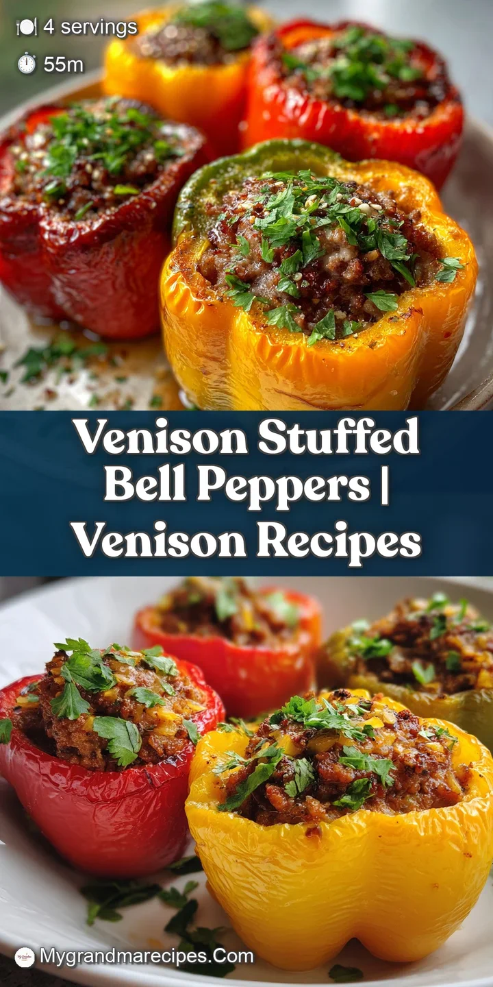 Close-up of a glistening, fire-roasted pepper, stuffed with dark, savory venison. Steam rises, hinting at its delicious, r...