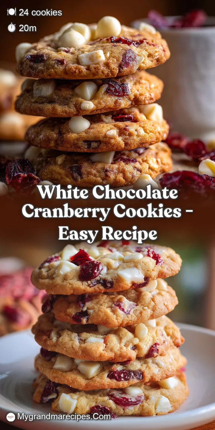 Close-up of a single, warm cookie; melted white chocolate and tart cranberries create a delightful contrast on its golden ...