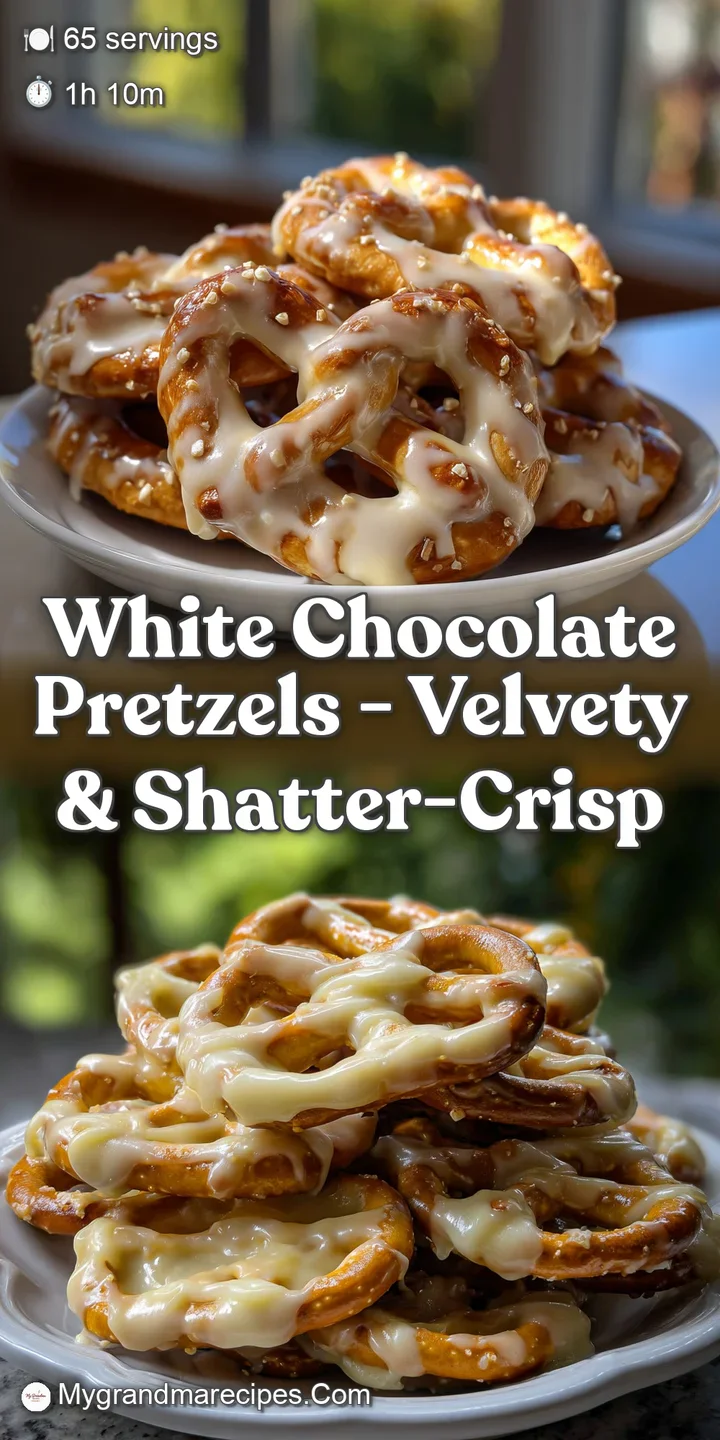 Close-up of white chocolate pretzels. Glistening white chocolate envelops salty pretzels, creating a visually appealing bl...