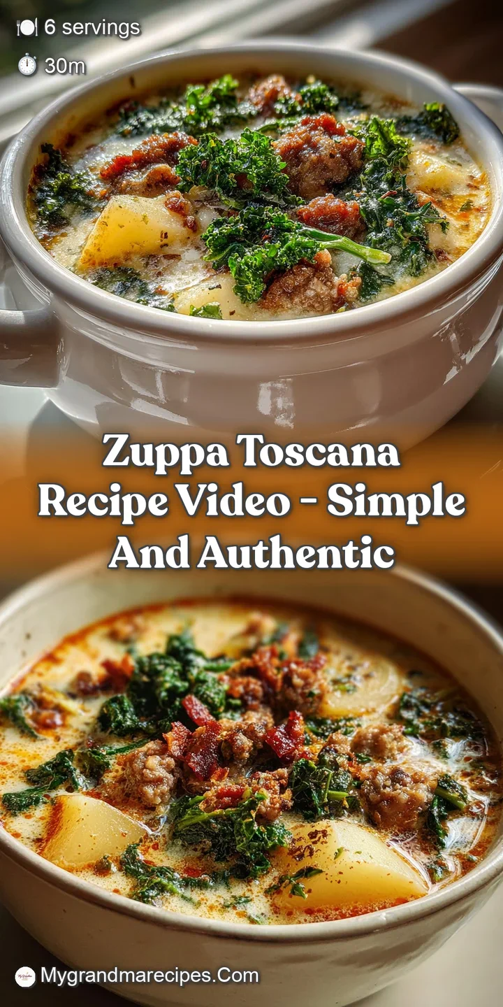 Close-up of Zuppa Toscana showcasing creamy broth, tender sausage, vibrant kale, and soft potatoes; enticing and savory de...