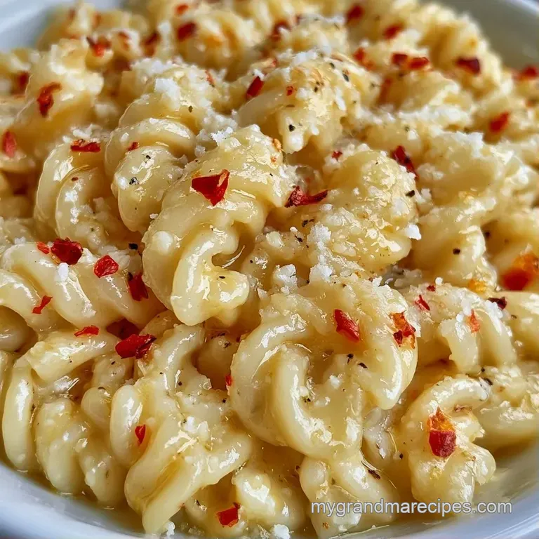 A swirl of butter-glazed noodles topped with toasted garlic slivers and a sprinkle of fresh herbs on a dark plate.