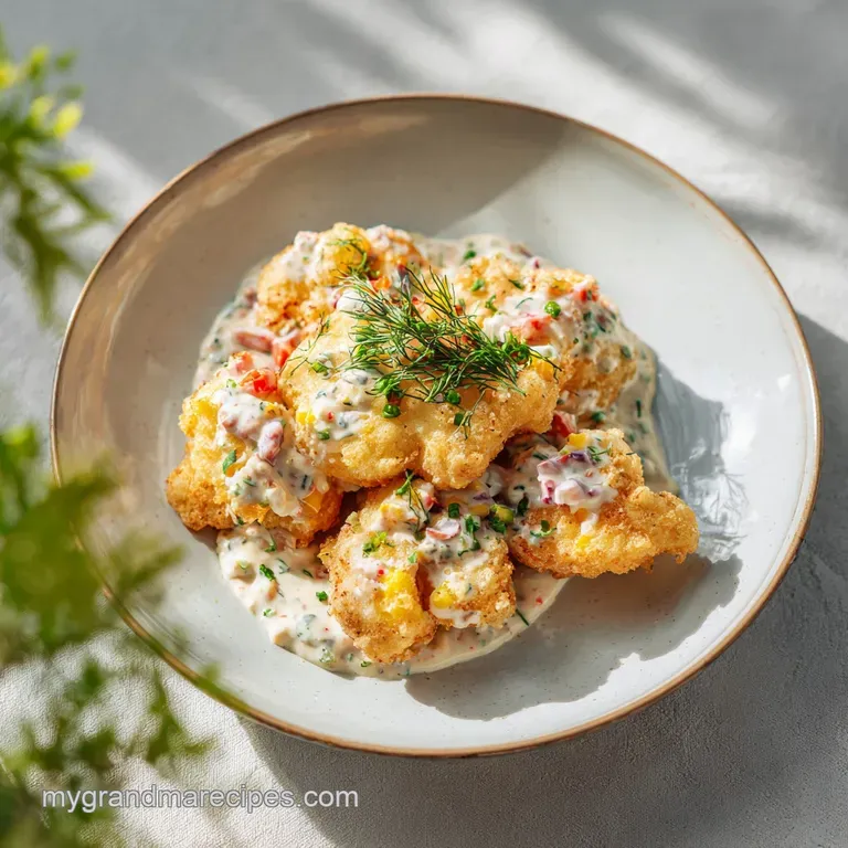 Dollop of thick, ivory tartar sauce with bright green flecks, elegantly plated, suggests a rich and tangy accompaniment.