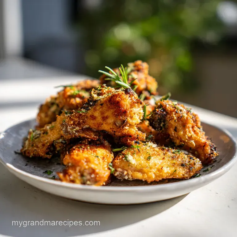 A rustic wooden board showcasing juicy, herb-flecked chicken wings with a side of dipping sauce.