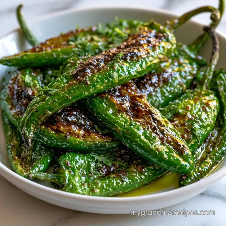 Blistered green chiles piled high on a rustic wooden board, garnished with fresh cilantro and bright lime wedges.
