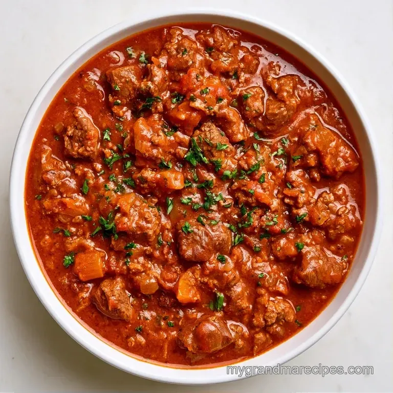 A deep ceramic bowl of thick beef stew topped with fresh parsley, set on a rustic wooden tabletop with a spoon.