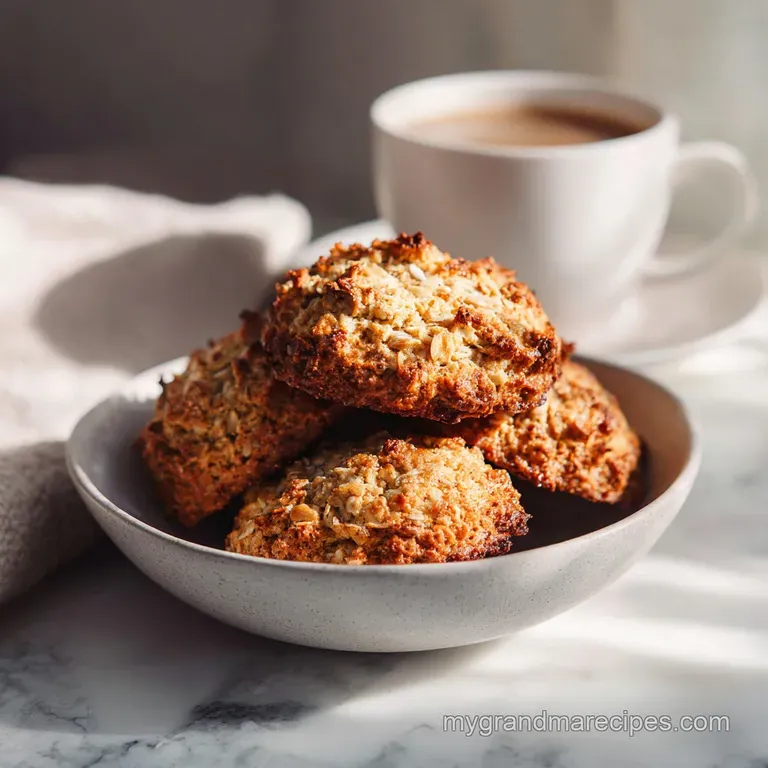 A stack of golden-brown apple oatmeal cookies, dusted lightly with powdered sugar, on a rustic wooden board.