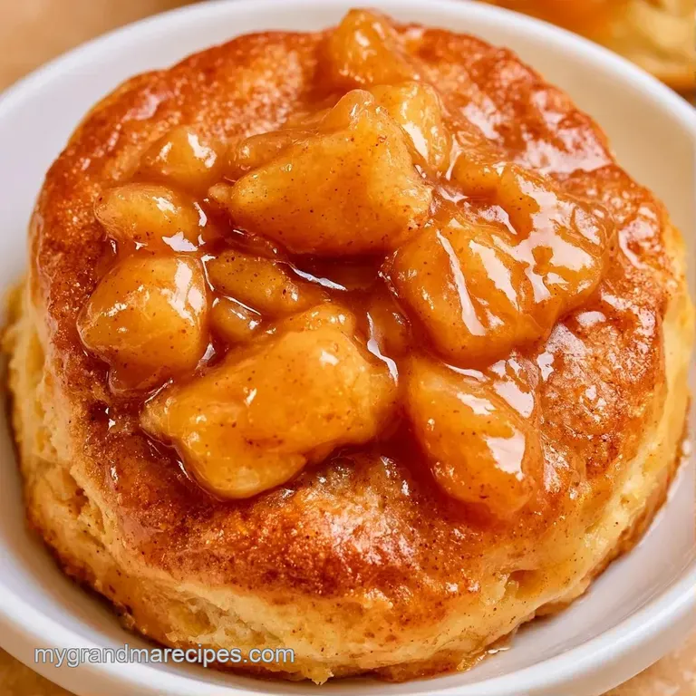 Two fluffy, toasted biscuits stacked with syrupy apple chunks and a dusting of powdered sugar on a white ceramic plate.