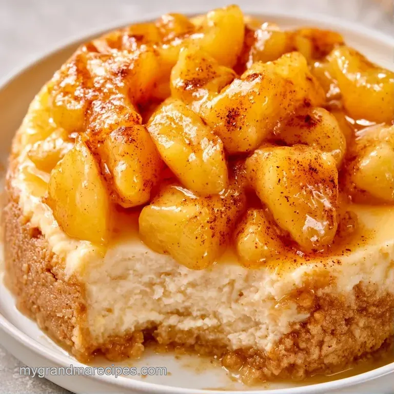Elegant slice of pale, creamy cake topped with glistening golden apple pieces on a crisp white porcelain plate.
