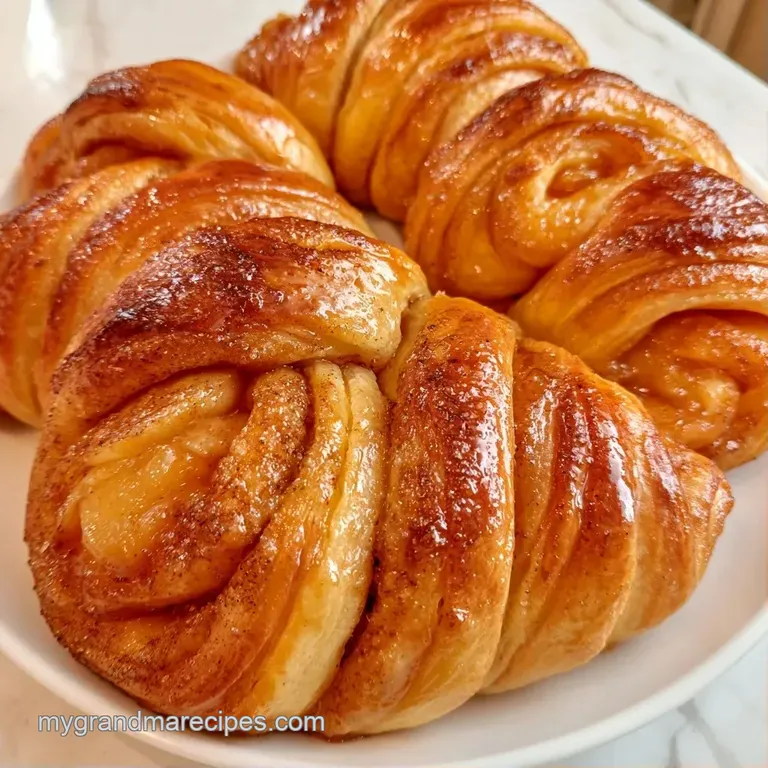 Warm, glazed pastry rolls stacked on a white ceramic platter, finished with a light dusting of powdered sugar.