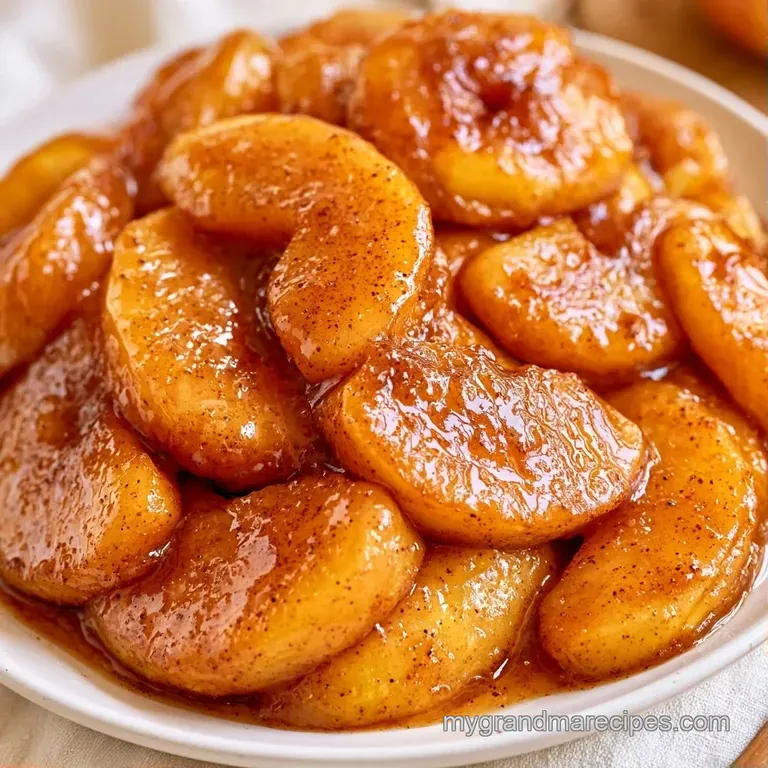 A rustic bowl of shimmering amber apple slices coated in a thick, translucent glaze with a sprinkle of cinnamon.