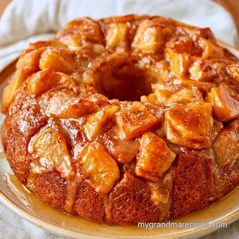 A slice of moist sponge cake filled with gooey cinnamon apples on a white plate with a dusting of powdered sugar.