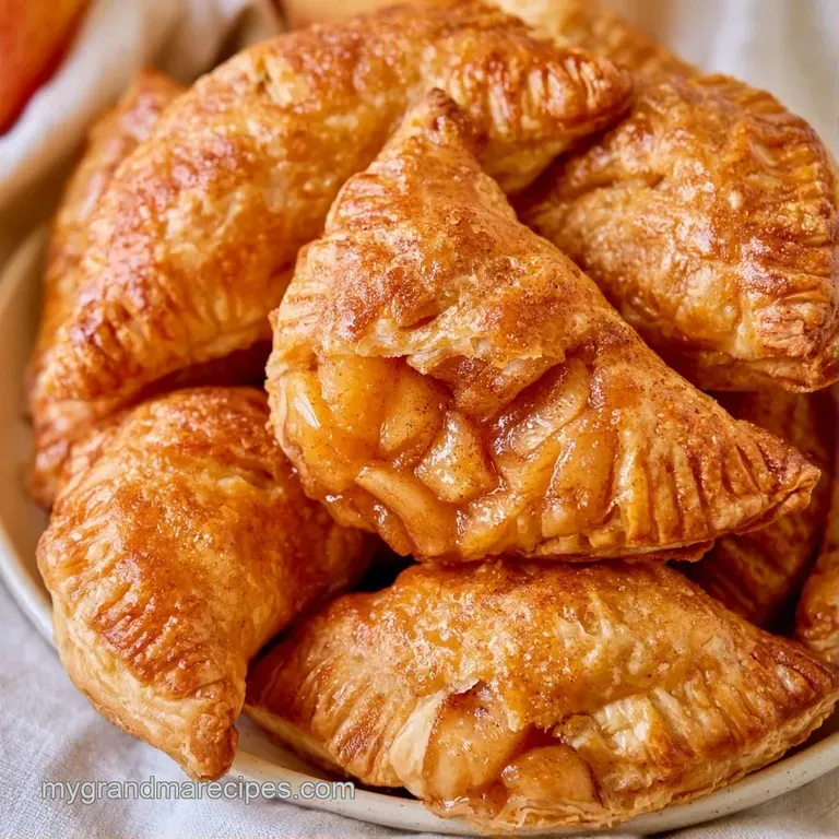 Three crisp pastry triangles stacked neatly on a white plate with a glossy glaze drizzle and fresh mint.