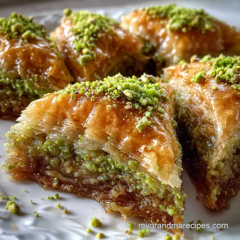 Stack of syrup-soaked baklava glistens on a white plate. Each layer showcases golden, crispy edges, inviting a bite.