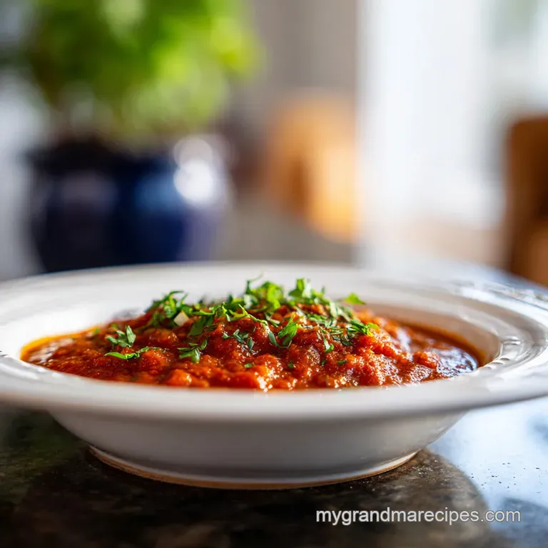 A rustic ceramic bowl overflowing with deep red chile sauce, garnished with sesame seeds.