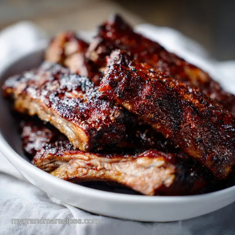 Tender, fall-off-the-bone ribs, glazed with a rich, dark sauce, artfully arranged on a rustic platter.