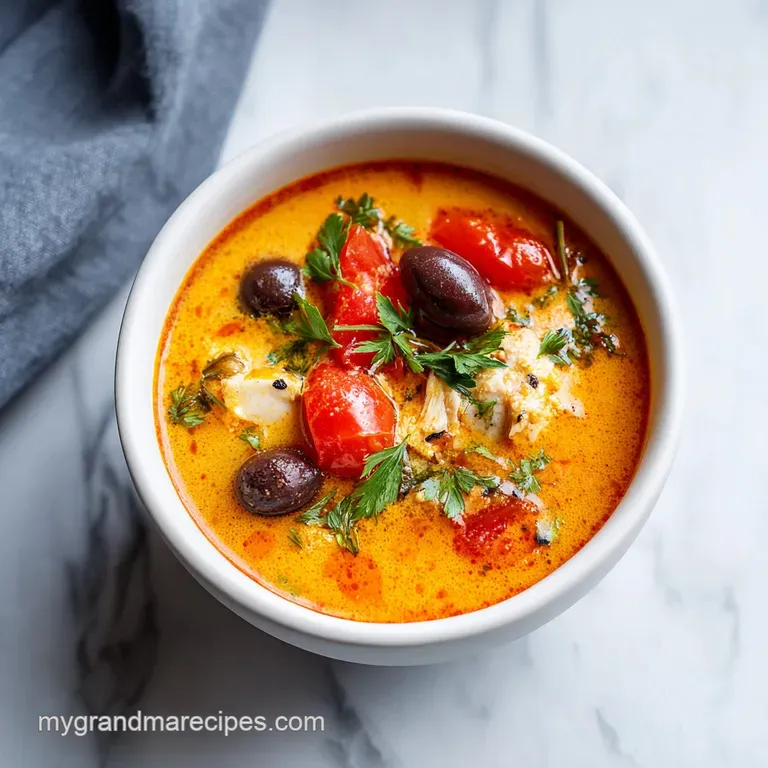 A vibrant bowl of chicken soup, swirled with creamy yogurt and garnished with fresh herbs.