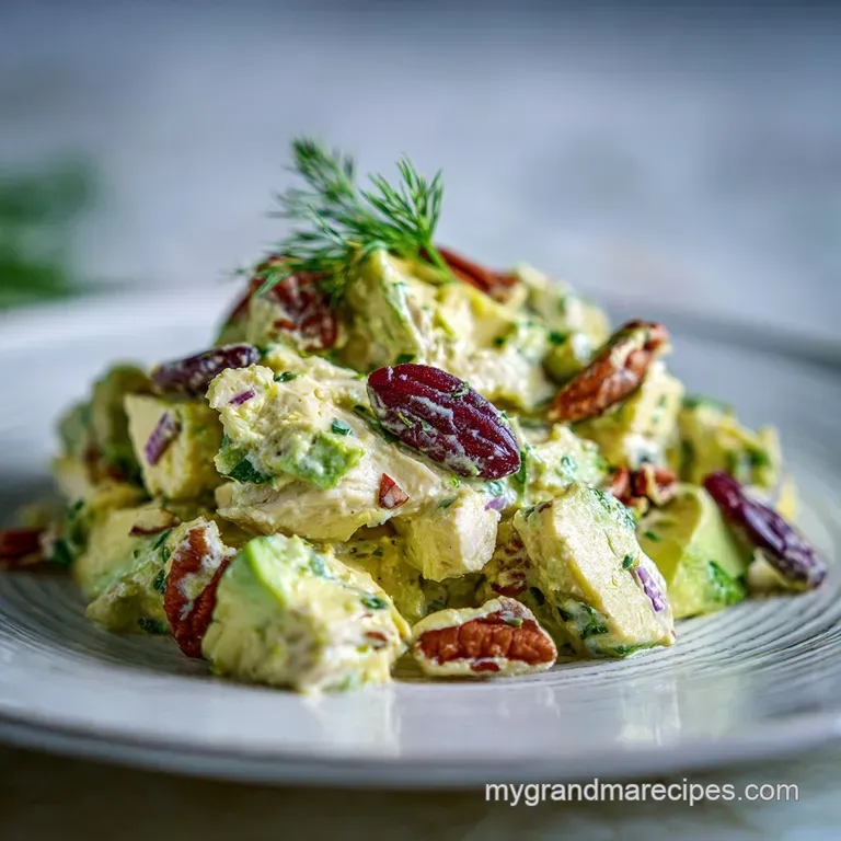 Neat scoop of avocado chicken salad atop crisp lettuce leaves. Sliced avocado adds a pop of green to the plate.