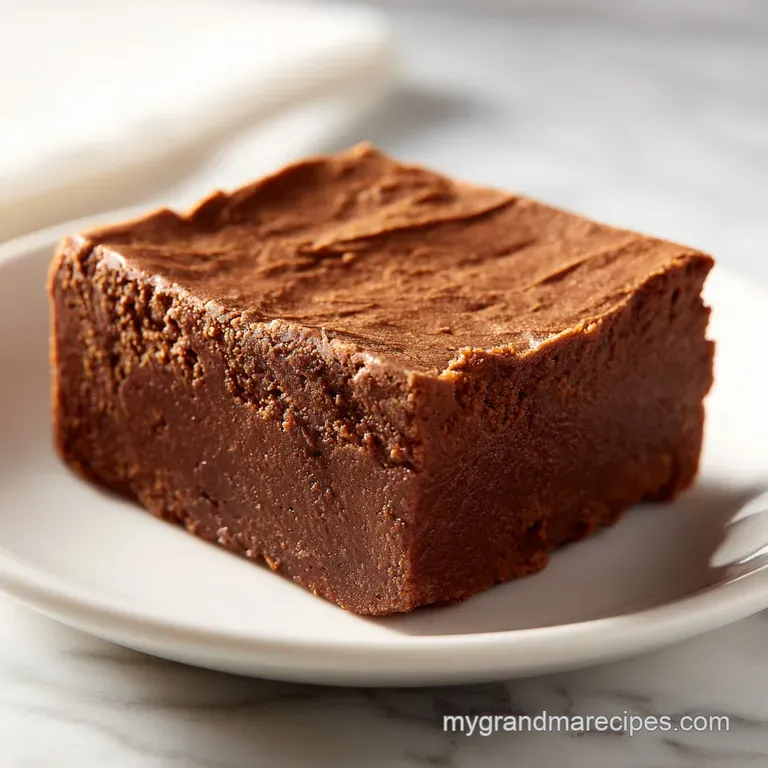 Individual fudge square on a white plate. Cocoa powder dusting and dark, moist interior visible, hinting at intense chocol...