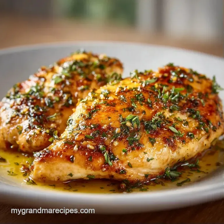 Sliced juicy chicken breast on a white plate with steamed asparagus and a drizzle of lemon garlic butter sauce