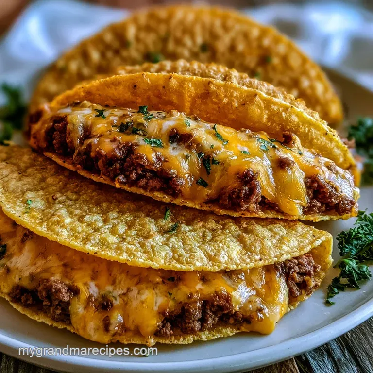 Row of golden-brown taco shells on a white ceramic platter, overflowing with melted cheese and savory beef.