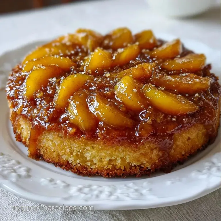A moist slice of golden cake topped with a glazed peach slice and a dollop of white cream on a minimalist plate.