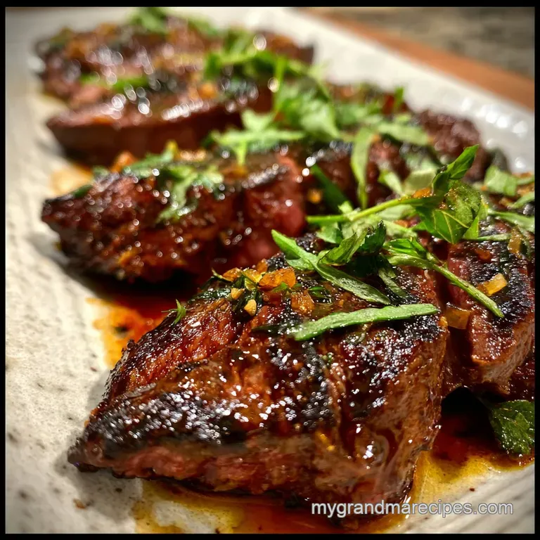 Perfectly seared steak artfully arranged on a white plate, showcasing a tender, juicy interior, ready to serve.