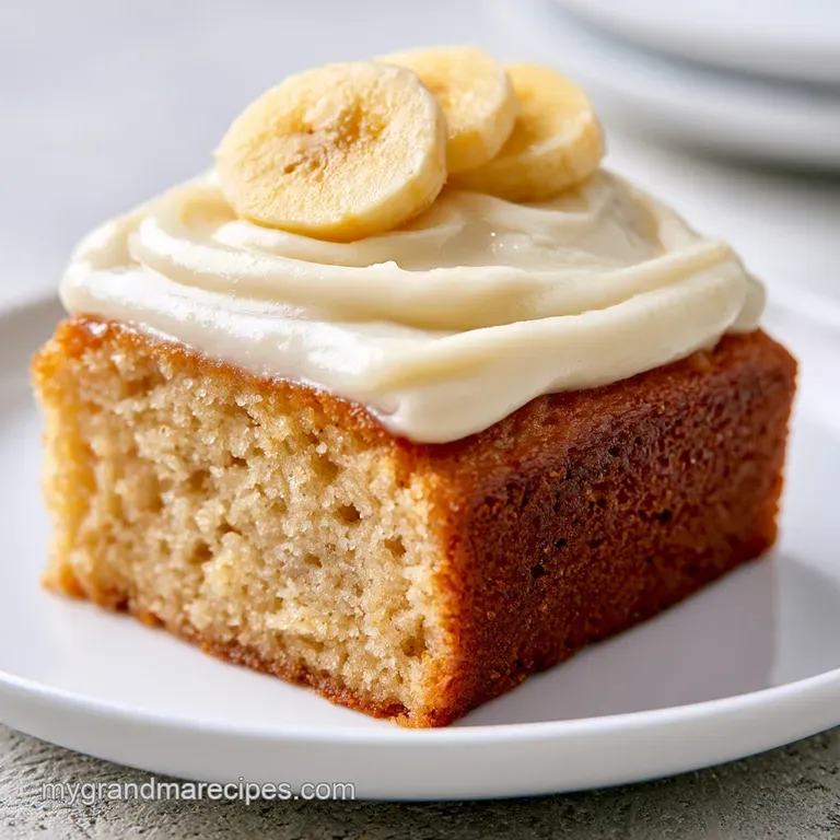 An elegant slice of golden cake layered with creamy pudding and fresh bananas on a ceramic plate with a silver fork.