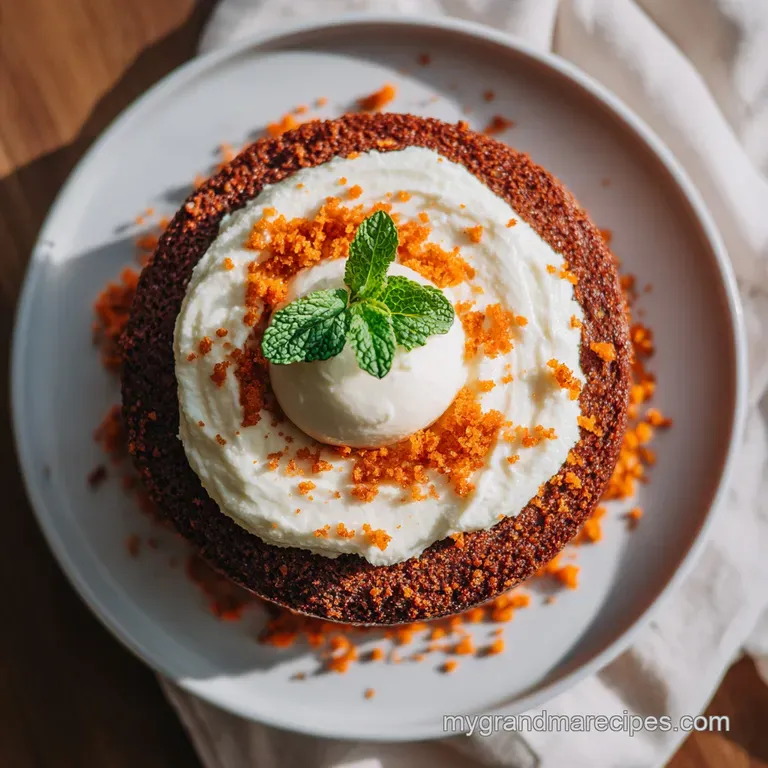 A slice of rich carrot cake artfully presented on a white plate, adorned with a dollop of frosting and a single pecan.