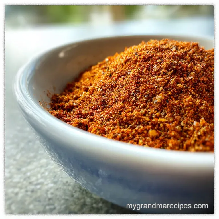 Scoops of vibrant, reddish-brown taco seasoning piled high on a rustic wooden spoon, next to whole dried chiles and spices.