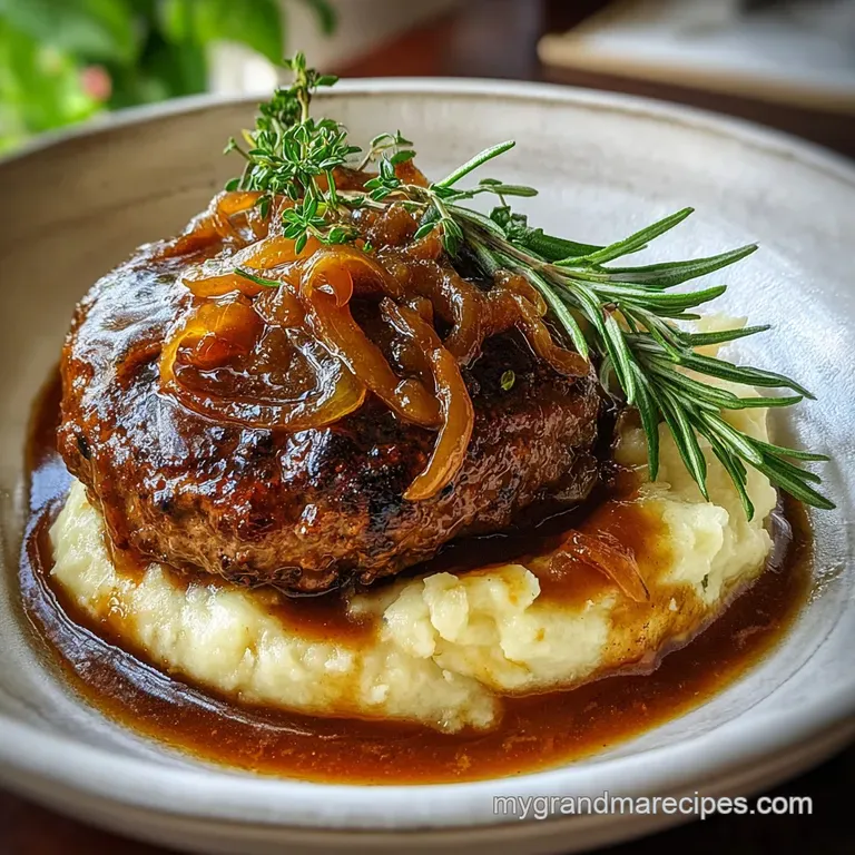 Plated Salisbury steak smothered in savory gravy, nestled beside fluffy mashed potatoes and vibrant green beans, a comfort...