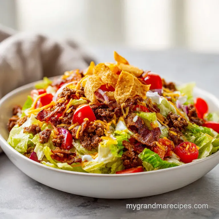 Big Mac salad plated: layered ground beef, shredded lettuce, pickles, with a generous dollop of creamy, tangy sauce on top.