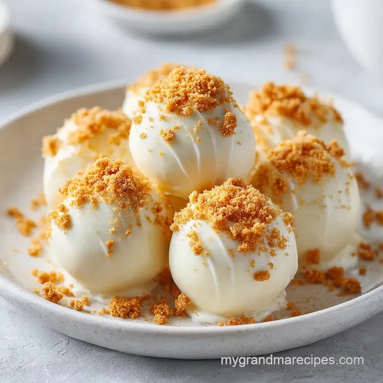 Polished ivory chocolate spheres artfully arranged on a dark ceramic plate with a drizzle of golden caramel sauce.