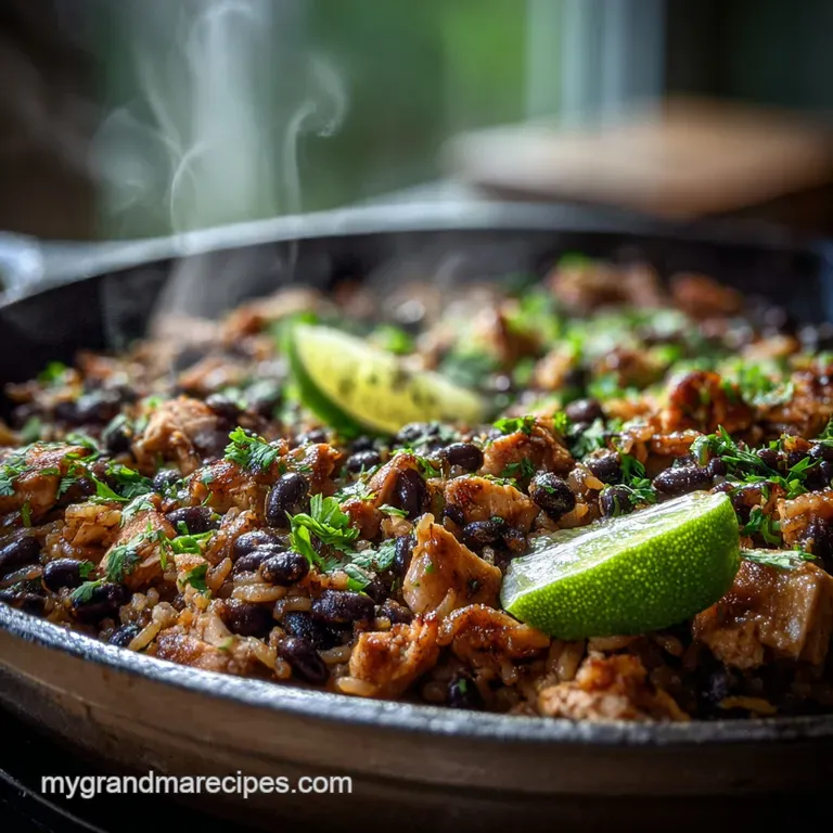 Plated chicken and rice skillet: juicy chicken, colorful black beans & corn, topped with creamy avocado slices, and fresh ...