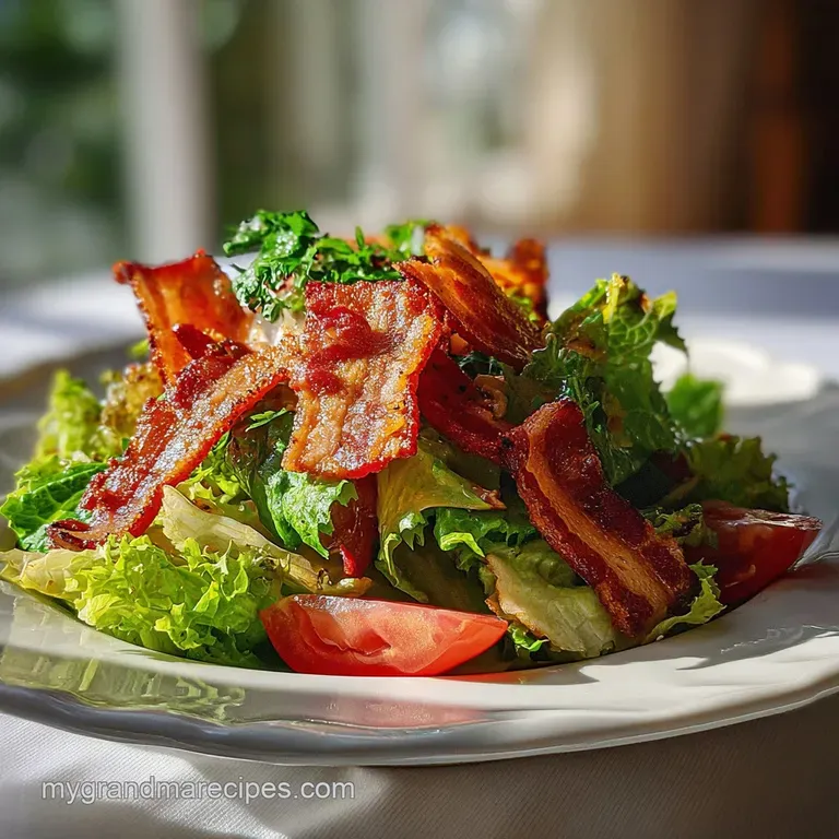 A BLT salad artfully arranged in a bowl; crisp bacon, juicy tomatoes, & vibrant lettuce glisten under a light, creamy dres...