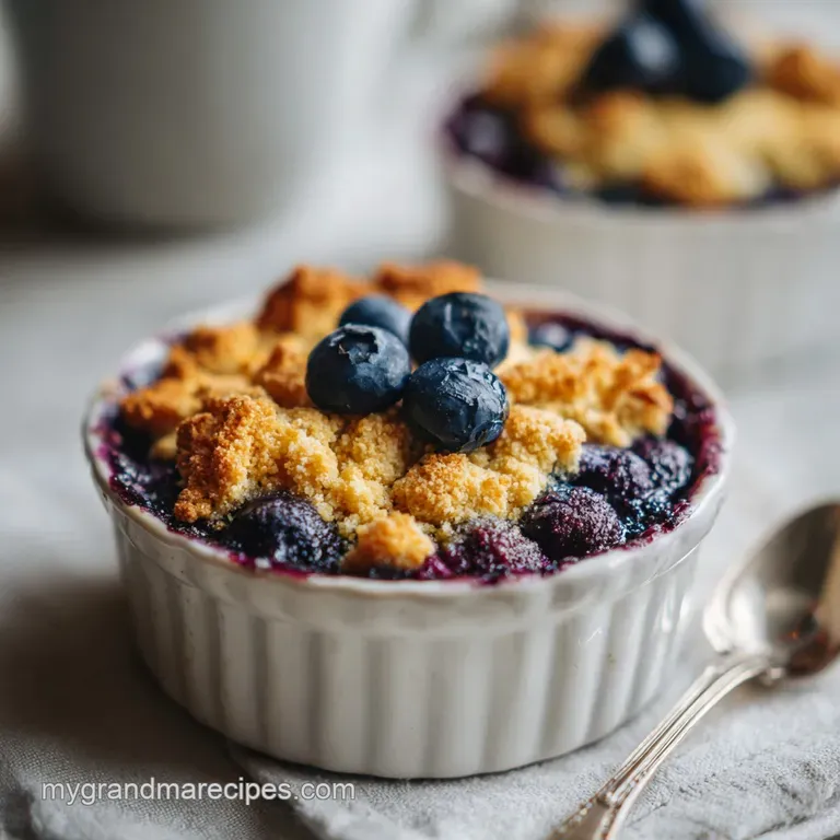 A scoop of creamy vanilla ice cream melting over a warm berry crisp in a white bowl, garnished with fresh mint.