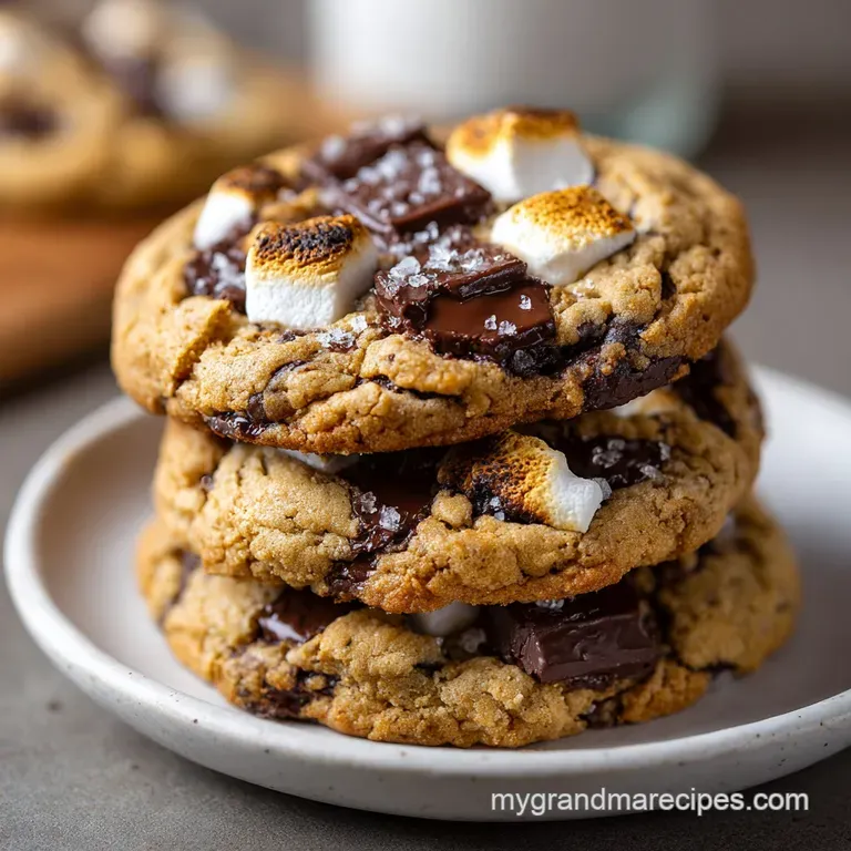 Stack of warm, gooey s'mores cookies on a rustic wooden plate, chocolate glistening and marshmallows slightly browned.