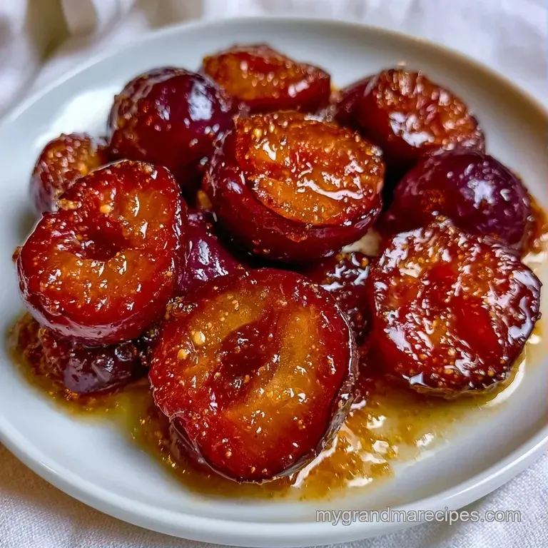 A halved roasted plum on a white plate, glazed in amber syrup and garnished with a fresh, vibrant mint leaf.