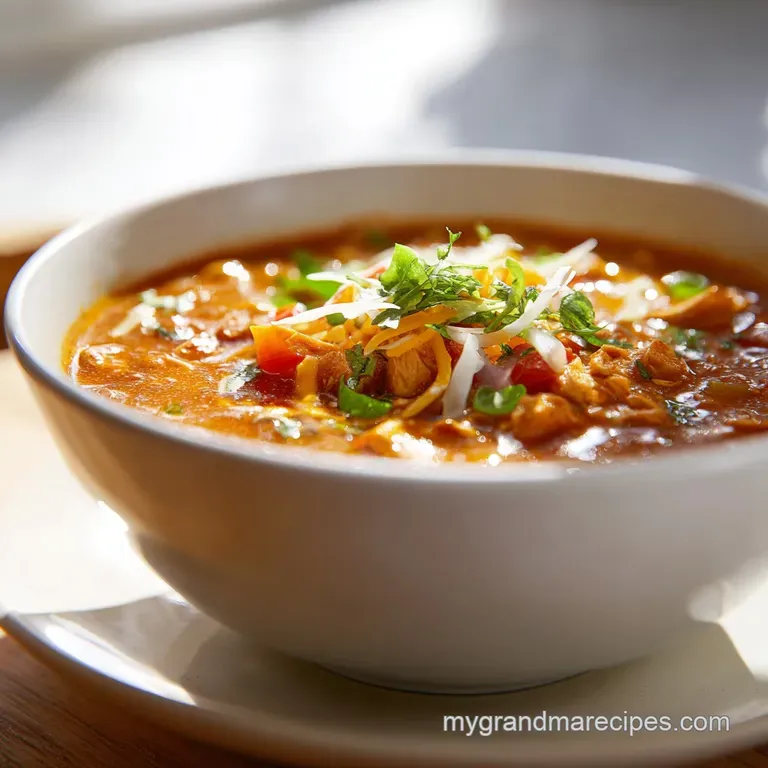 Buffalo chicken chili in a white bowl, topped with green onions and crumbled blue cheese. Red pepper flakes add a pop of c...
