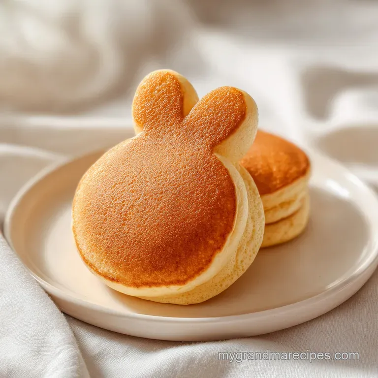 Small, round golden pancakes arranged like a bunny, garnished with fresh blueberries and mint on a ceramic plate.