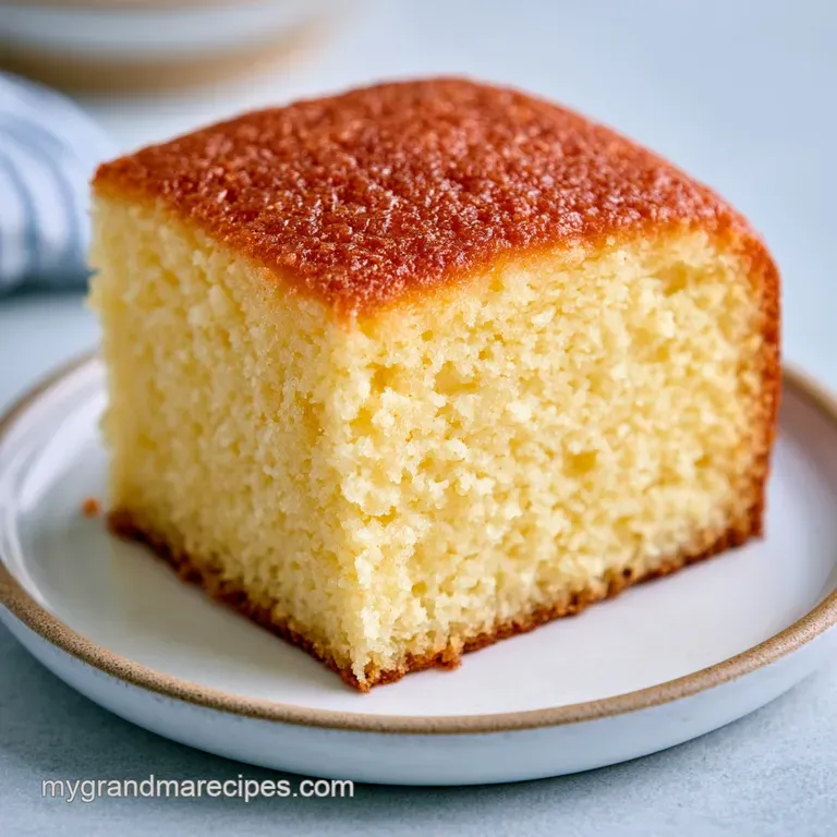 Golden-yellow sponge cake slice on a white plate, accented by a dusting of sugar and fresh red raspberries.