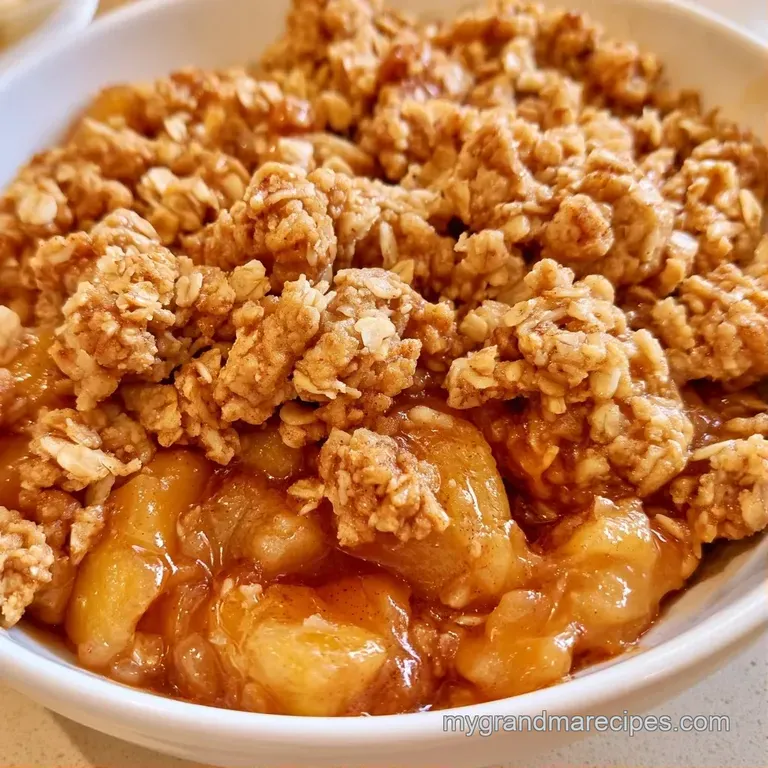 Warm, bubbling fruit crisp in a white porcelain bowl topped with a melting scoop of creamy vanilla bean ice cream.