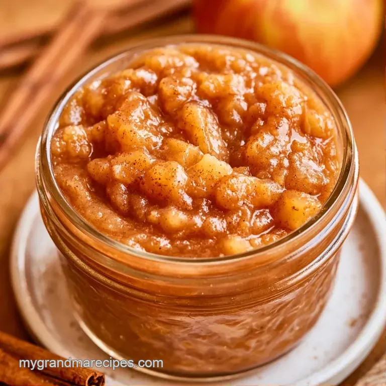 Creamy, amber-colored fruit puree in a crystal bowl, garnished with a cinnamon stick and a fresh apple slice.