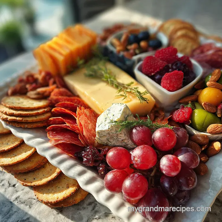 Elegant charcuterie board featuring thinly sliced prosciutto, creamy brie, vibrant grapes, and crispy breadsticks, ready t...