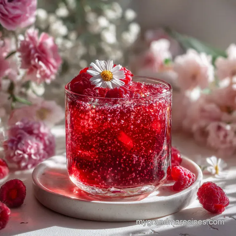 Elegant cocktail in a stemmed glass, adorned with a fresh raspberry and sprig of green. Light dances on the bubbles, promi...