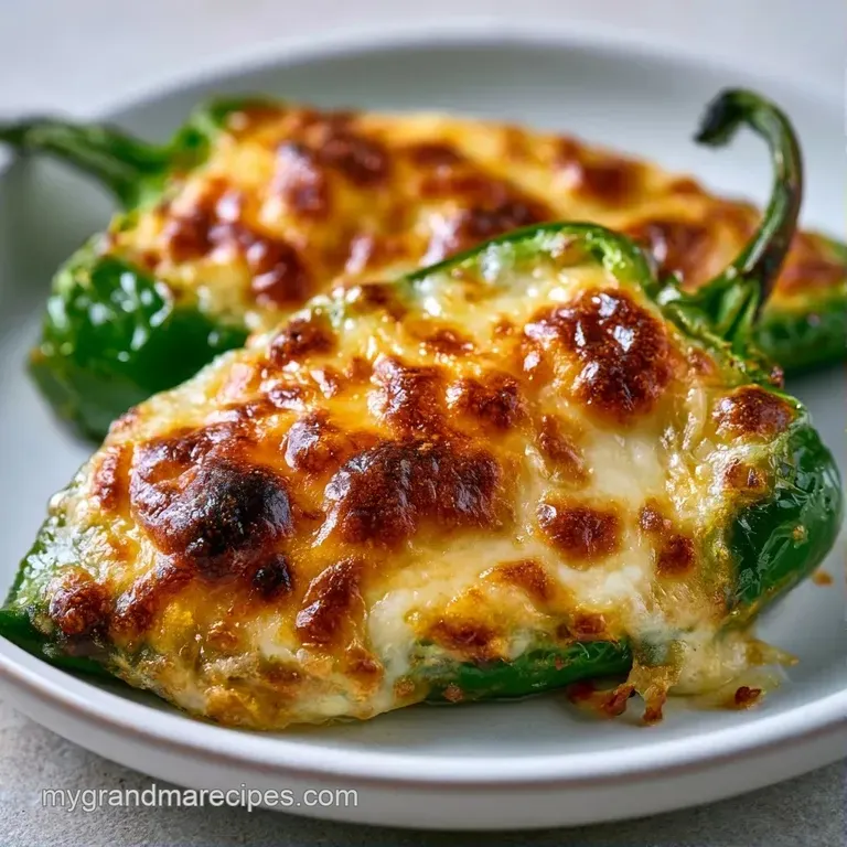 Three roasted green chiles on a slate platter, topped with melted white cheese and a sprinkle of fresh green cilantro.